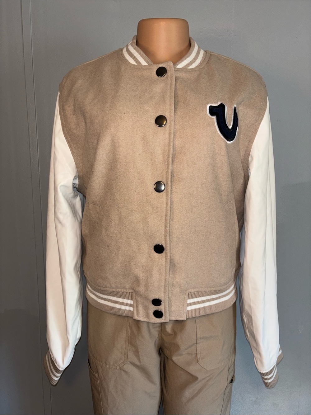 True Religion Classic Two-Tone Beige and White Bomber Jacket
